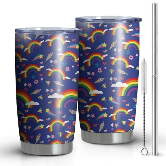 20oz Tumblers Dark Blue Rainbow Pattern Stainless Steel Vacuum Insulated Double Wall Travel Tumbler Cups Mug with Lid and Straw,Cleaning Brush for Cold & Hot Drinks