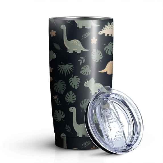 20oz Tumblers Dark Green Leafy Dinosaurs Pattern Stainless Steel Vacuum Insulated Double Wall Travel Tumbler Cups Mug with Lid and Straw,Cleaning Brush for Cold & Hot Drinks