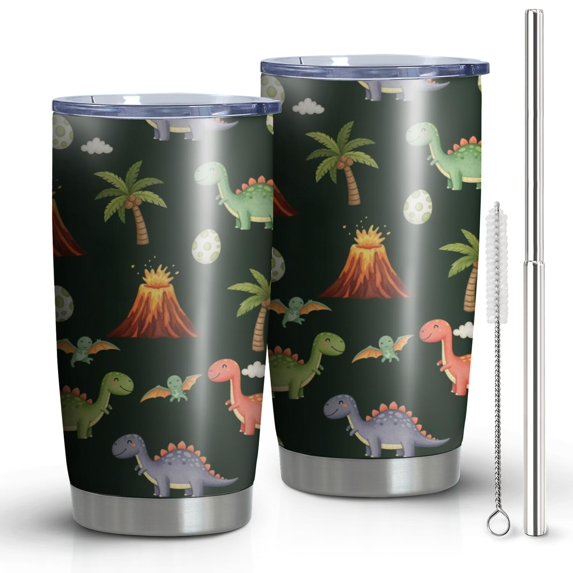 20oz Tumblers Dark Green Toned Dinosaur and Volcano Pattern Stainless Steel Vacuum Insulated Double Wall Travel Tumbler Cups Mug with Lid and Straw,Cleaning Brush for Cold & Hot Drinks