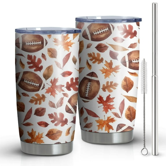 20oz Tumblers Fall Footballs and Autumn Leaves Pattern Stainless Steel Vacuum Insulated Double Wall Travel Tumbler Cups Mug with Lid and Straw,Cleaning Brush for Cold & Hot Drinks
