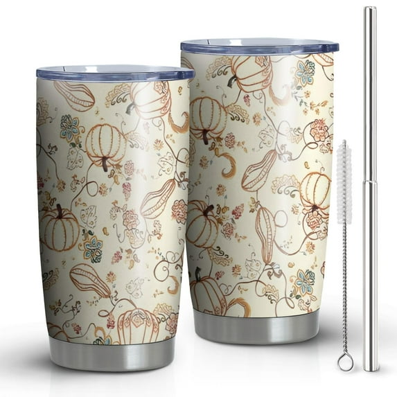 20oz Tumblers Fall Pumpkins and Floral Pattern Stainless Steel Vacuum Insulated Double Wall Travel Tumbler Cups Mug with Lid and Straw,Cleaning Brush for Cold & Hot Drinks