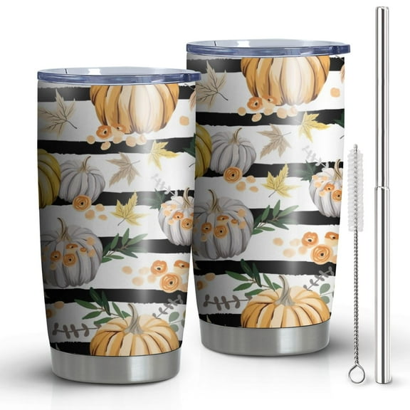 20oz Tumblers Fall Pumpkins and Leaves Pattern Stainless Steel Vacuum Insulated Double Wall Travel Tumbler Cups Mug with Lid and Straw,Cleaning Brush for Cold & Hot Drinks