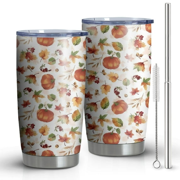 20oz Tumblers Fall Pumpkins Leaves Pattern Stainless Steel Vacuum Insulated Double Wall Travel Tumbler Cups Mug with Lid and Straw,Cleaning Brush for Cold & Hot Drinks