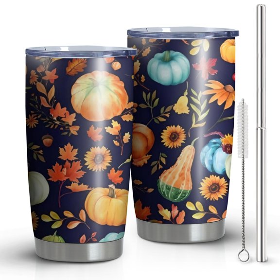 20oz Tumblers Fall Pumpkins Leaves Pattern Stainless Steel Vacuum Insulated Double Wall Travel Tumbler Cups Mug with Lid and Straw,Cleaning Brush for Cold & Hot Drinks