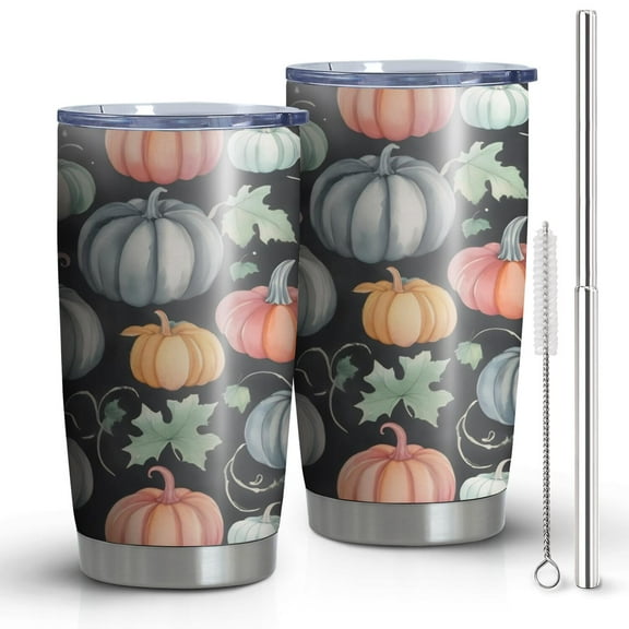 20oz Tumblers Fall Pumpkins and Leaves Pattern Stainless Steel Vacuum Insulated Double Wall Travel Tumbler Cups Mug with Lid and Straw,Cleaning Brush for Cold & Hot Drinks