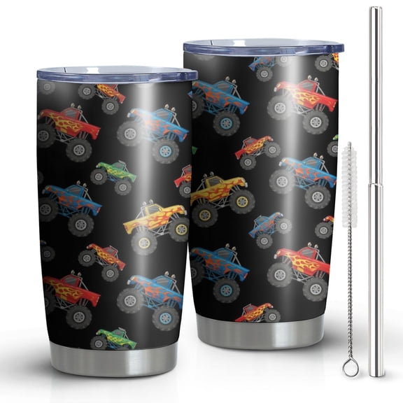 20oz Tumblers Flame Decorated Monster Trucks Pattern Stainless Steel Vacuum Insulated Double Wall Travel Tumbler Cups Mug with Lid and Straw,Cleaning Brush for Cold & Hot Drinks