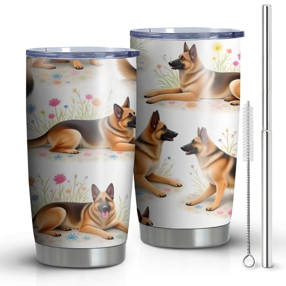 20oz Tumblers German Shepherd Dogs with Flowers Stainless Steel Vacuum Insulated Double Wall Travel Tumbler Cups Mug with Lid and Straw,Cleaning Brush for Cold & Hot Drinks