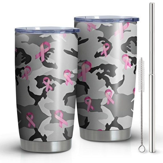 20oz Tumblers Gray Camo Pink Ribbon Pattern Stainless Steel Vacuum Insulated Double Wall Travel Tumbler Cups Mug with Lid and Straw,Cleaning Brush for Cold & Hot Drinks
