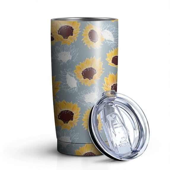 20oz Tumblers Gray Sunflower White Flower Pattern Stainless Steel Vacuum Insulated Double Wall Travel Tumbler Cups Mug with Lid and Straw,Cleaning Brush for Cold & Hot Drinks