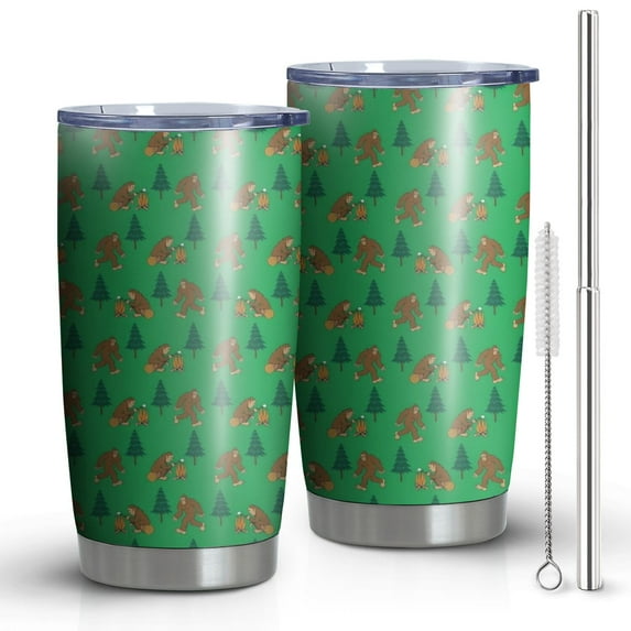 20oz Tumblers Green Bigfoot and Campfire Pattern Stainless Steel Vacuum Insulated Double Wall Travel Tumbler Cups Mug with Lid and Straw,Cleaning Brush for Cold & Hot Drinks