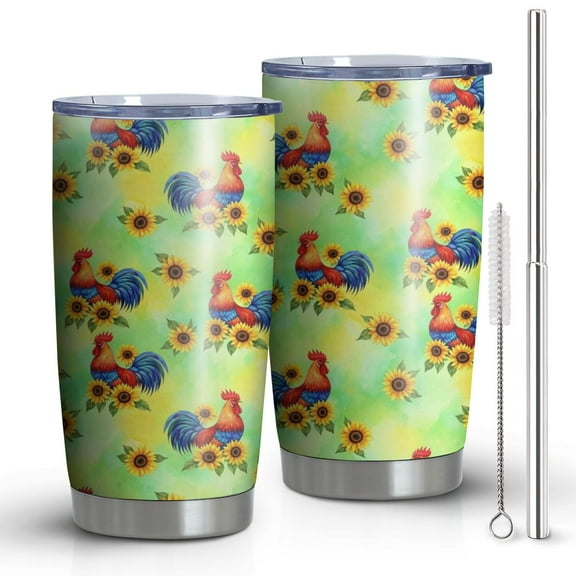 20oz Tumblers Green Chicken Rooster Sunflower Pattern Stainless Steel Vacuum Insulated Double Wall Travel Tumbler Cups Mug with Lid and Straw,Cleaning Brush for Cold & Hot Drinks