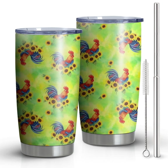 20oz Tumblers Green Chicken Rooster Sunflower Pattern Stainless Steel Vacuum Insulated Double Wall Travel Tumbler Cups Mug with Lid and Straw,Cleaning Brush for Cold & Hot Drinks