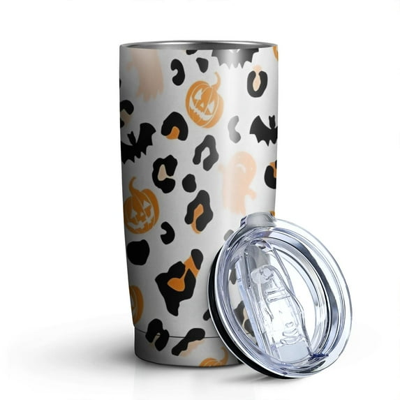 20oz Tumblers Halloween Leopard Print Ghosts Bats and Pumpkins Stainless Steel Vacuum Insulated Double Wall Travel Tumbler Cups Mug with Lid and Straw,Cleaning Brush for Cold & Hot Drinks