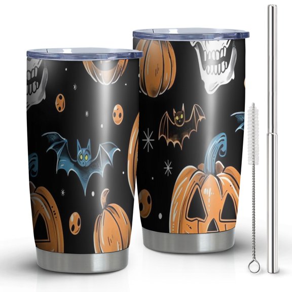 20oz Tumblers Halloween Pumpkins Skulls Bats and Eyeballs Stainless Steel Vacuum Insulated Double Wall Travel Tumbler Cups Mug with Lid and Straw,Cleaning Brush for Cold & Hot Drinks