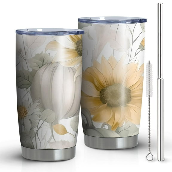 20oz Tumblers Happy Fall Pumpkins and Sunflower Stainless Steel Vacuum Insulated Double Wall Travel Tumbler Cups Mug with Lid and Straw,Cleaning Brush for Cold & Hot Drinks