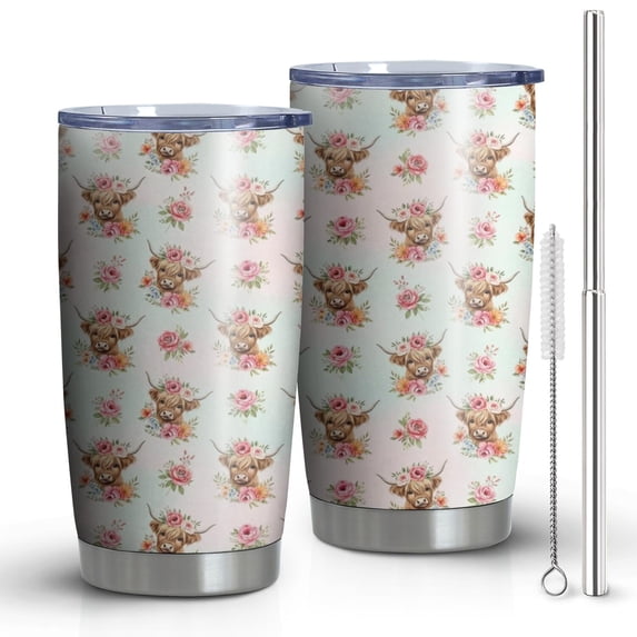 20oz Tumblers Highland Cow Flower Pattern Stainless Steel Vacuum Insulated Double Wall Travel Tumbler Cups Mug with Lid and Straw,Cleaning Brush for Cold & Hot Drinks