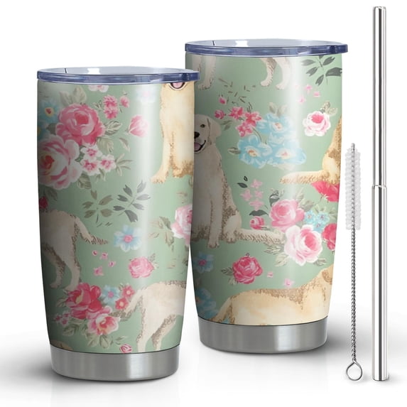20oz Tumblers Labrador Dog and Flower Floral Stainless Steel Vacuum Insulated Double Wall Travel Tumbler Cups Mug with Lid and Straw,Cleaning Brush for Cold & Hot Drinks