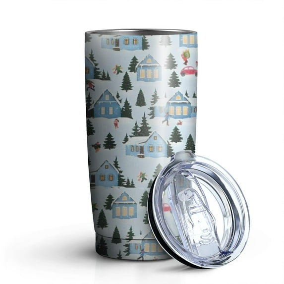 20oz Tumblers Light Blue Christmas House and Tree Pattern Stainless Steel Vacuum Insulated Double Wall Travel Tumbler Cups Mug with Lid and Straw,Cleaning Brush for Cold & Hot Drinks