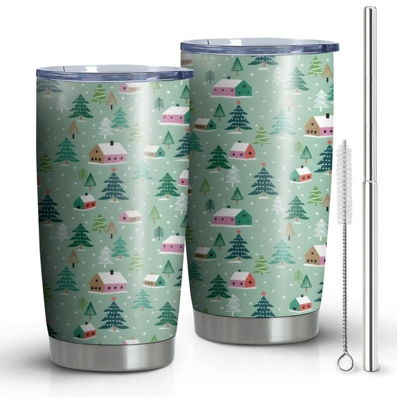 20oz Tumblers Light Green Christmas Village Pattern Stainless Steel Vacuum Insulated Double Wall Travel Tumbler Cups Mug with Lid and Straw,Cleaning Brush for Cold & Hot Drinks