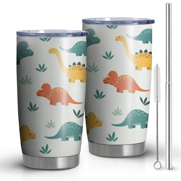 20oz Tumblers Light Green Dinosaurs Leaves Pattern Stainless Steel Vacuum Insulated Double Wall Travel Tumbler Cups Mug with Lid and Straw,Cleaning Brush for Cold & Hot Drinks