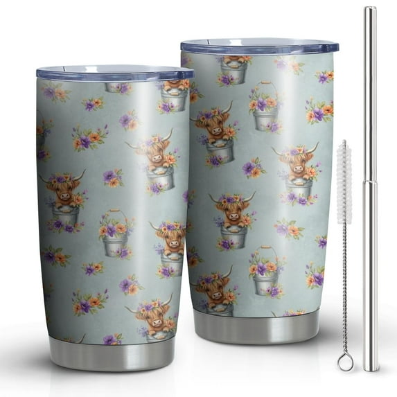 20oz Tumblers Lightblue Highland Cow Flower Bucket Pattern Stainless Steel Vacuum Insulated Double Wall Travel Tumbler Cups Mug with Lid and Straw,Cleaning Brush for Cold & Hot Drinks
