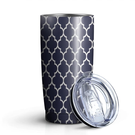20oz Tumblers Navy and White Geometric Lattice Pattern Stainless Steel Vacuum Insulated Double Wall Travel Tumbler Cups Mug with Lid and Straw,Cleaning Brush for Cold & Hot Drinks