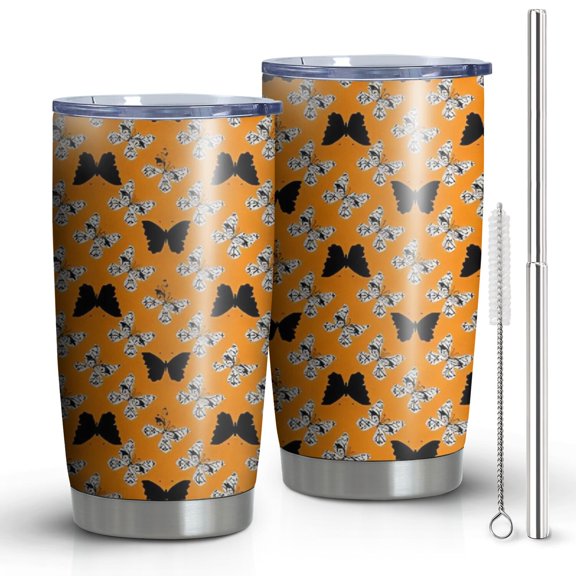 20oz Tumblers Orange Black Butterfly Pattern Stainless Steel Vacuum Insulated Double Wall Travel Tumbler Cups Mug with Lid and Straw,Cleaning Brush for Cold & Hot Drinks