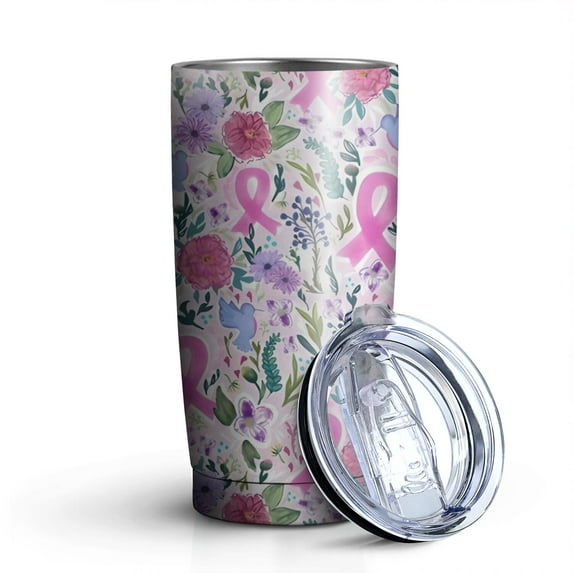 20oz Tumblers Pink Breast Cancer Stainless Steel Vacuum Insulated Double Wall Travel Tumbler Cups Mug with Lid and Straw,Cleaning Brush for Cold & Hot Drinks