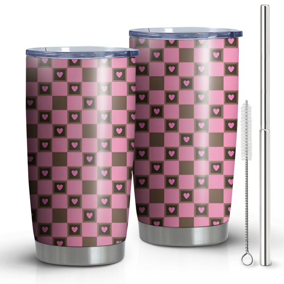 20oz Tumblers Pink Brown Heart Checkered Pattern Stainless Steel Vacuum Insulated Double Wall Travel Tumbler Cups Mug with Lid and Straw,Cleaning Brush for Cold & Hot Drinks