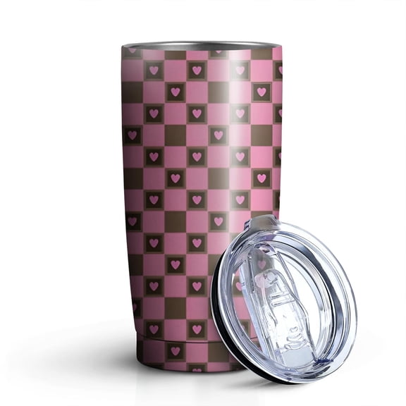 20oz Tumblers Pink Brown Heart Checkered Pattern Stainless Steel Vacuum Insulated Double Wall Travel Tumbler Cups Mug with Lid and Straw,Cleaning Brush for Cold & Hot Drinks