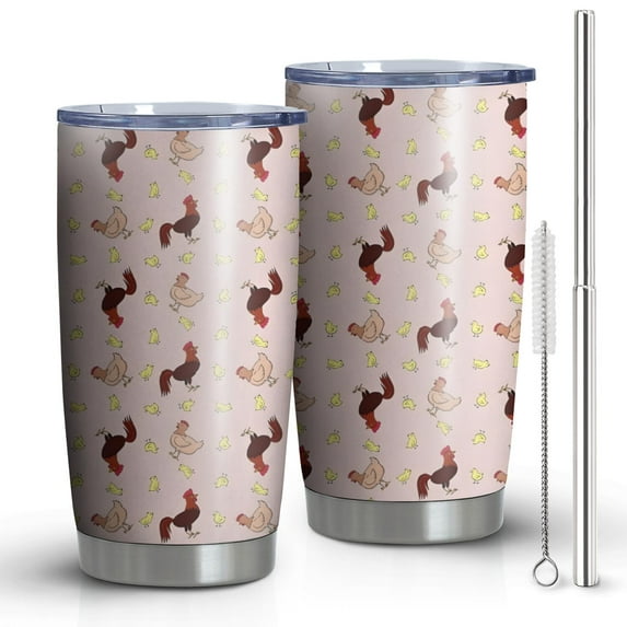 20oz Tumblers Pink Chicken Pattern Stainless Steel Vacuum Insulated Double Wall Travel Tumbler Cups Mug with Lid and Straw,Cleaning Brush for Cold & Hot Drinks