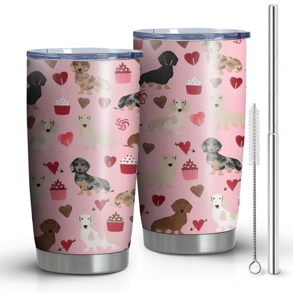 20oz Tumblers Pink Cute Dachshund Dog and Love Heart Stainless Steel Vacuum Insulated Double Wall Travel Tumbler Cups Mug with Lid and Straw,Cleaning Brush for Cold & Hot Drinks