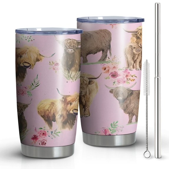 20oz Tumblers Pink Highland Cow Flower Pattern Stainless Steel Vacuum Insulated Double Wall Travel Tumbler Cups Mug with Lid and Straw,Cleaning Brush for Cold & Hot Drinks