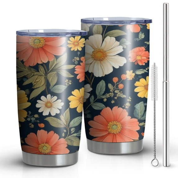 20oz Tumblers Pioneer Flower Floral Print Pattern Stainless Steel Vacuum Insulated Double Wall Travel Tumbler Cups Mug with Lid and Straw,Cleaning Brush for Cold & Hot Drinks