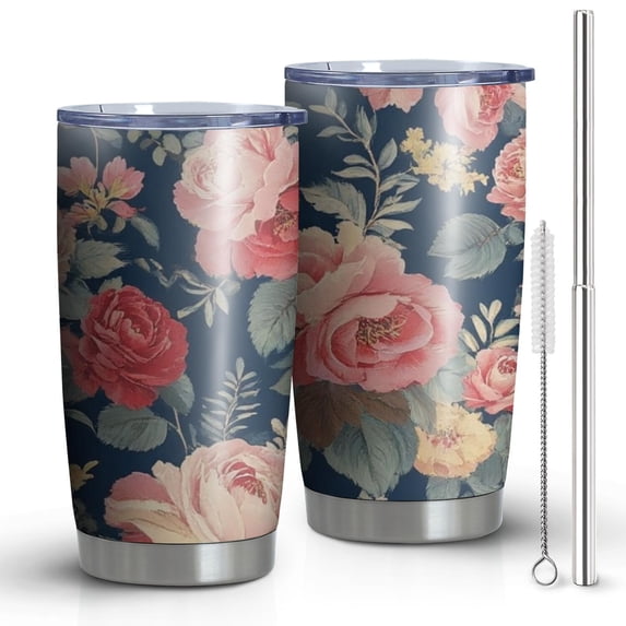 20oz Tumblers Pioneer Flower Floral Print Pattern Stainless Steel Vacuum Insulated Double Wall Travel Tumbler Cups Mug with Lid and Straw,Cleaning Brush for Cold & Hot Drinks