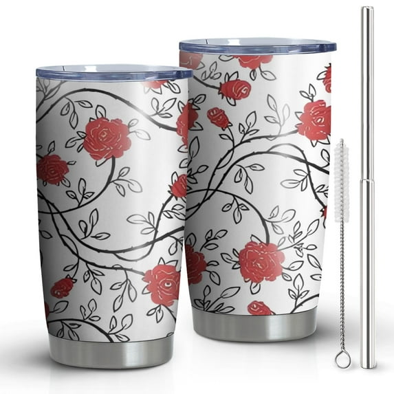 20oz Tumblers Pioneer Flower Floral Print Pattern Stainless Steel Vacuum Insulated Double Wall Travel Tumbler Cups Mug with Lid and Straw,Cleaning Brush for Cold & Hot Drinks