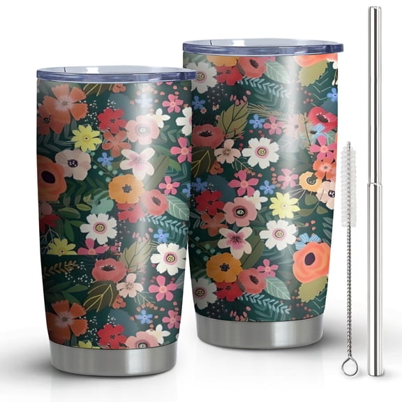 20oz Tumblers Pioneer Flower Floral Print Pattern Stainless Steel Vacuum Insulated Double Wall Travel Tumbler Cups Mug with Lid and Straw,Cleaning Brush for Cold & Hot Drinks
