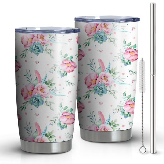 20oz Tumblers Pioneer Flower Floral Print Pattern Stainless Steel Vacuum Insulated Double Wall Travel Tumbler Cups Mug with Lid and Straw,Cleaning Brush for Cold & Hot Drinks