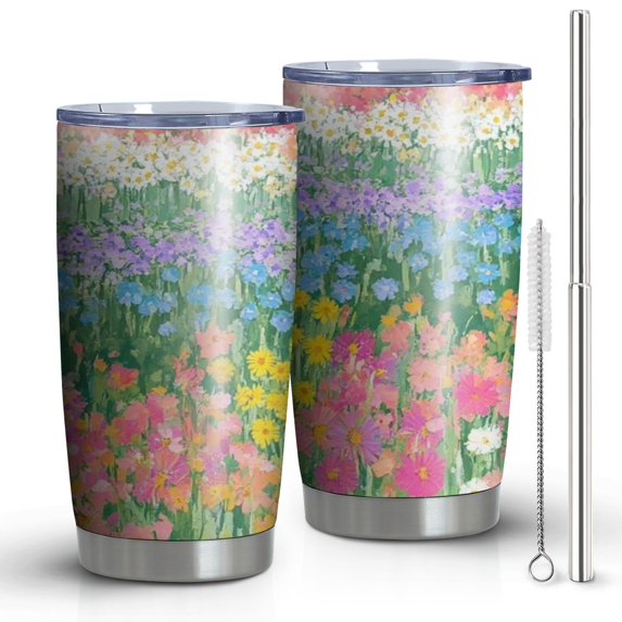 20oz Tumblers Pioneer Flower Floral Print Pattern Stainless Steel Vacuum Insulated Double Wall Travel Tumbler Cups Mug with Lid and Straw,Cleaning Brush for Cold & Hot Drinks