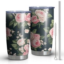 20oz Tumblers Pioneer Flower Floral Print Pattern Stainless Steel Vacuum Insulated Double Wall Travel Tumbler Cups Mug with Lid and Straw,Cleaning Brush for Cold & Hot Drinks