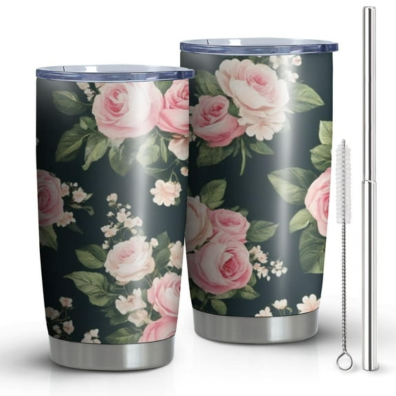20oz Tumblers Pioneer Flower Floral Print Pattern Stainless Steel Vacuum Insulated Double Wall Travel Tumbler Cups Mug with Lid and Straw,Cleaning Brush for Cold & Hot Drinks