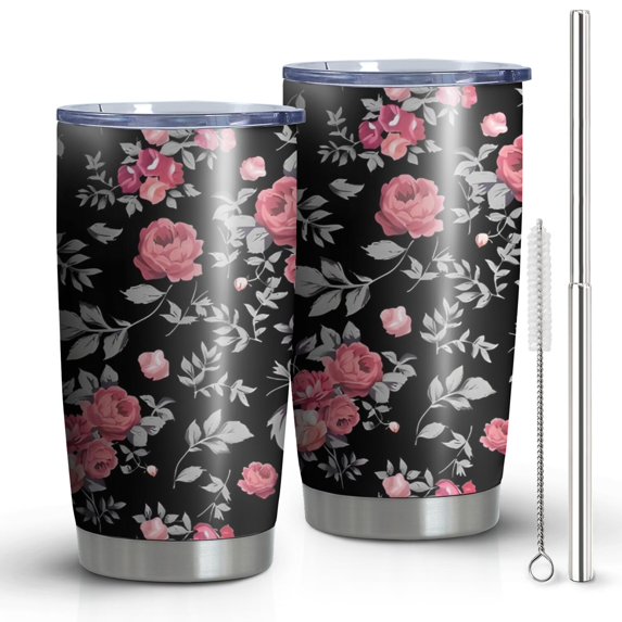 20oz Tumblers Pioneer Flower Floral Print Pattern Stainless Steel Vacuum Insulated Double Wall Travel Tumbler Cups Mug with Lid and Straw,Cleaning Brush for Cold & Hot Drinks