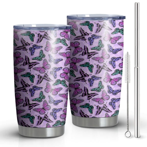 20oz Tumblers Purple Butterfly Pattern Stainless Steel Vacuum Insulated Double Wall Travel Tumbler Cups Mug with Lid and Straw,Cleaning Brush for Cold & Hot Drinks