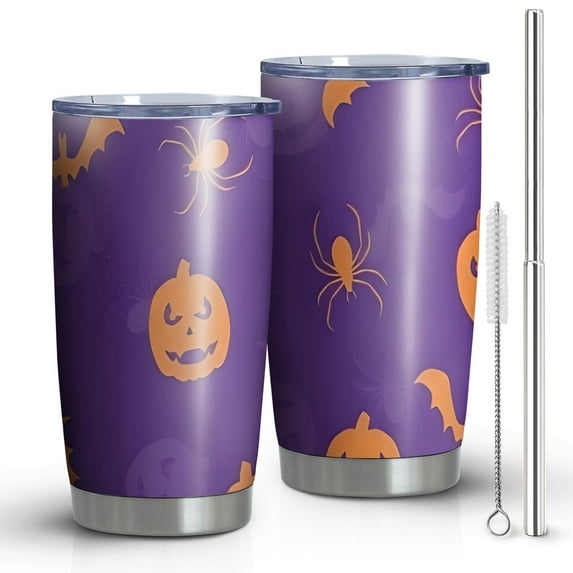 20oz Tumblers Purple Halloween Pumpkins Bats and Spiders Stainless Steel Vacuum Insulated Double Wall Travel Tumbler Cups Mug with Lid and Straw,Cleaning Brush for Cold & Hot Drinks