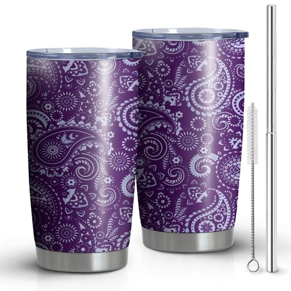20oz Tumblers Purple Paisley Pattern Stainless Steel Vacuum Insulated Double Wall Travel Tumbler Cups Mug with Lid and Straw,Cleaning Brush for Cold & Hot Drinks