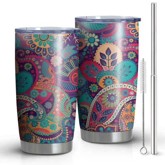 20oz Tumblers Purple Pioneer Flower and Paisley Pattern Stainless Steel Vacuum Insulated Double Wall Travel Tumbler Cups Mug with Lid and Straw,Cleaning Brush for Cold & Hot Drinks