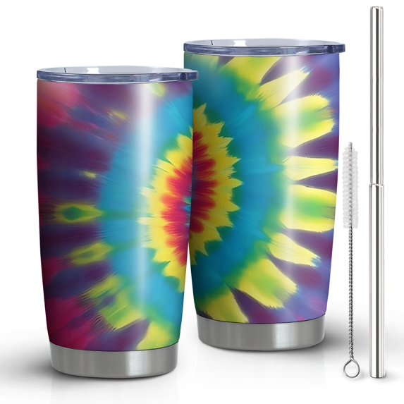 20oz Tumblers Rainbow Tie Dye Mandala Pattern Stainless Steel Vacuum Insulated Double Wall Travel Tumbler Cups Mug with Lid and Straw,Cleaning Brush for Cold & Hot Drinks
