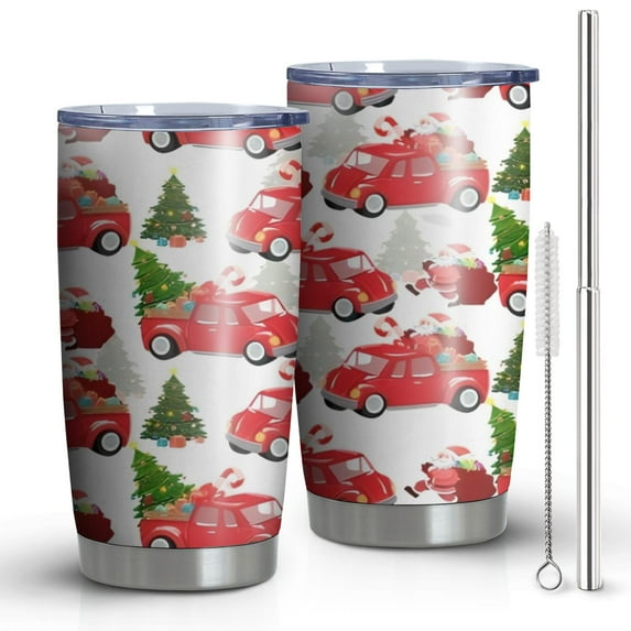 20oz Tumblers Red Christmas Car Pattern Stainless Steel Vacuum Insulated Double Wall Travel Tumbler Cups Mug with Lid and Straw,Cleaning Brush for Cold & Hot Drinks