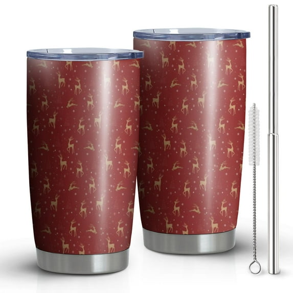 20oz Tumblers Red Christmas Deer Pattern Stainless Steel Vacuum Insulated Double Wall Travel Tumbler Cups Mug with Lid and Straw,Cleaning Brush for Cold & Hot Drinks