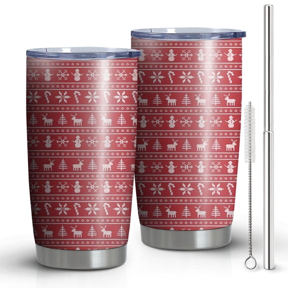 20oz Tumblers Red Christmas Knitted Pattern Stainless Steel Vacuum Insulated Double Wall Travel Tumbler Cups Mug with Lid and Straw,Cleaning Brush for Cold & Hot Drinks